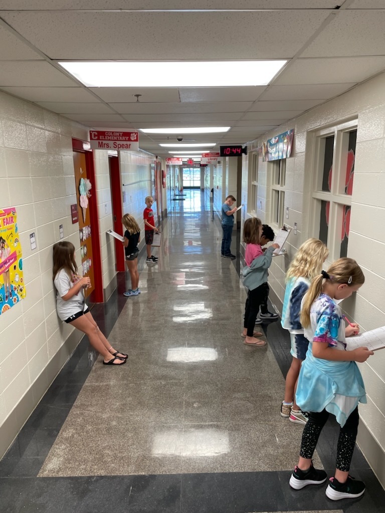 Students in hallway looking a wall completing assignment