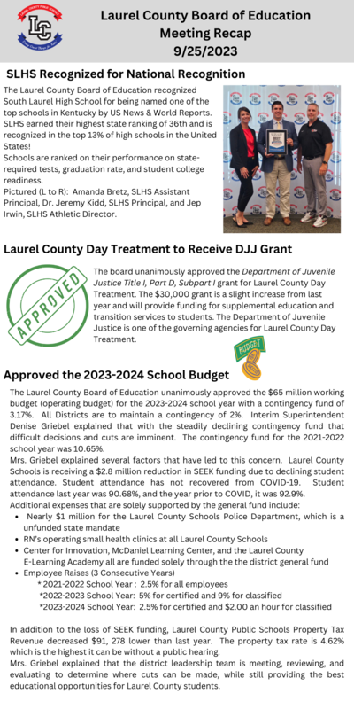 Laurel Board of Education September 25, 2023 BOE Meeting Recap